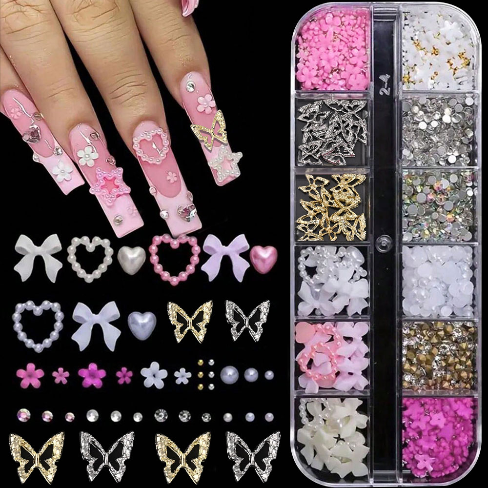 Crystal Bead Mix - 12Grid Roze Witte Strik Nail Art